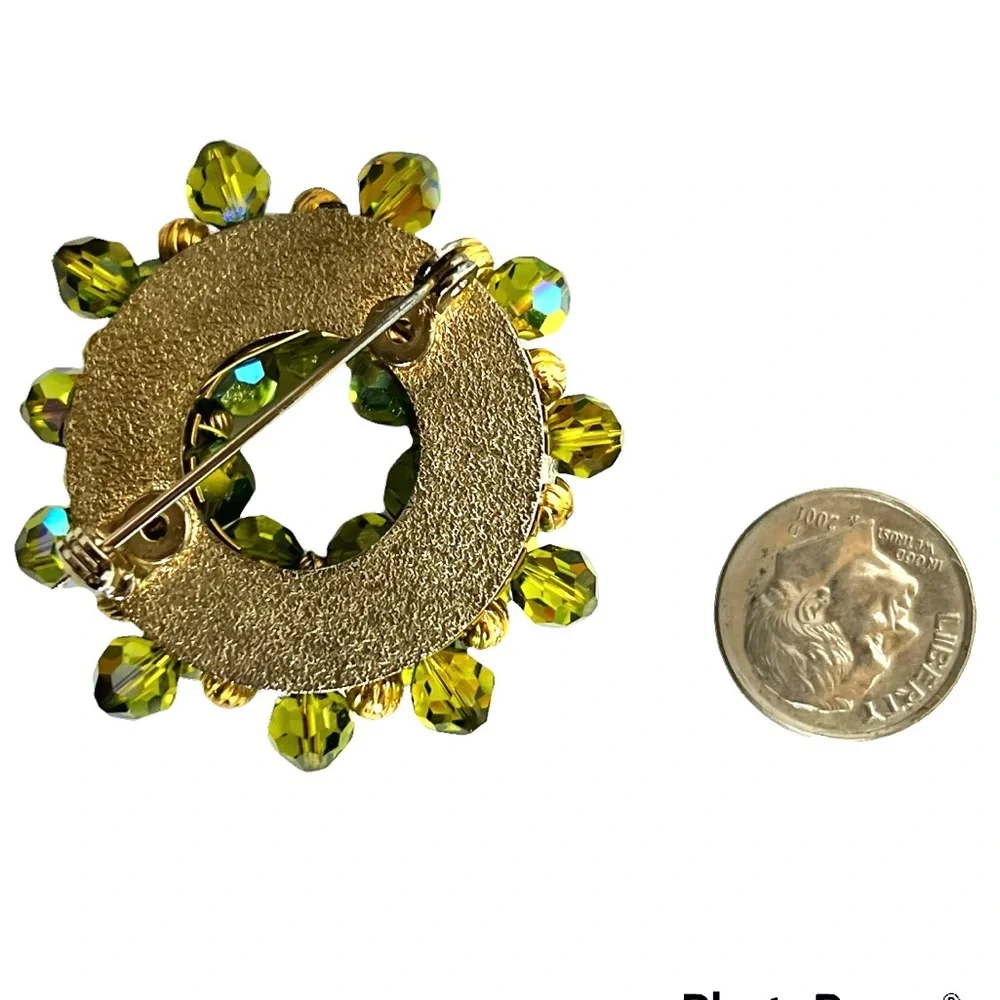 Vintage Brooch Beaded Rhinestone Retro Moss Olive Aurora Green Circle Wreath Pin